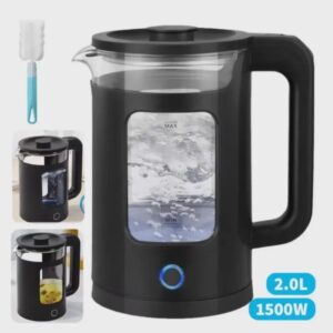 2.0L Black Glass Electric Kettle: 1500W Fast Boil, LED Water Boiler