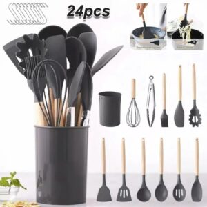 24-Piece Silicone Kitchen Utensil Set with Wooden Handles – Heat Resistant Cooking Tools