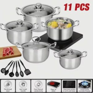 11-Piece Stainless Steel Cookware Set with Lids – Pots and Pans for Camping, Home Cooking