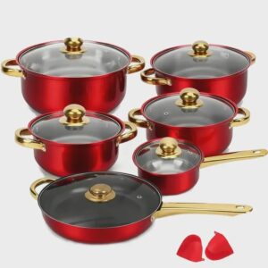 12-Piece Red Non-Stick Cookware Set: Induction Stainless Steel Pots & Pans