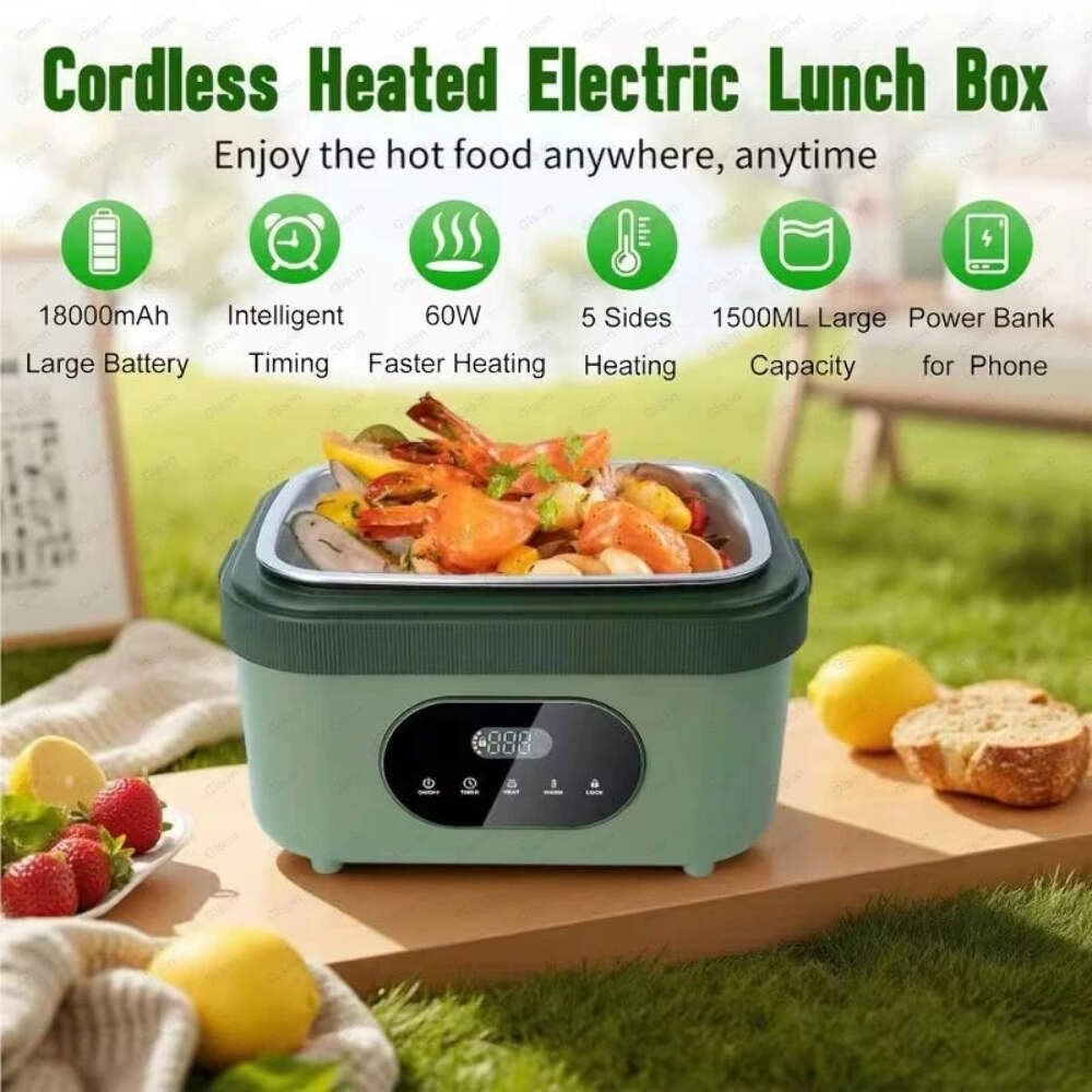 Gison 1.5L Portable Wireless Heated Lunch Box 18000mah Electric Heated Lunch box