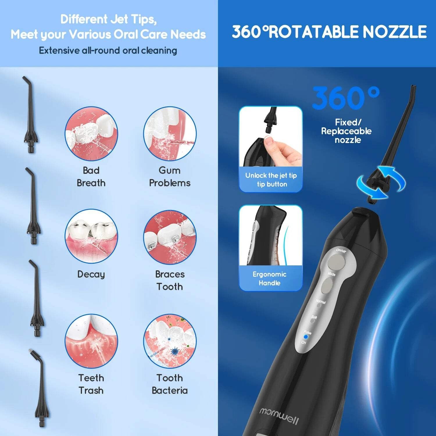 Mornwell Portable Water Flosser with Electric Toothbrush Combo:Gums Care – Brush